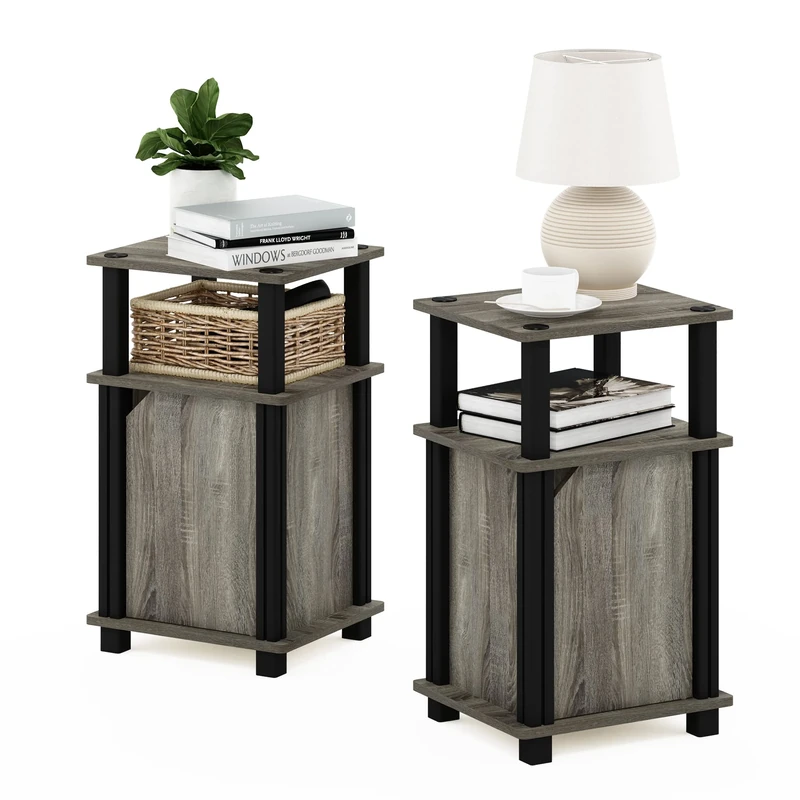 Furinno JUST Side Table Set of 2, 3-Tier End Table with Door Cabinet, Night Stand, Bedside Table with Open Shelf, for Living Room, Bedroom, French Oak