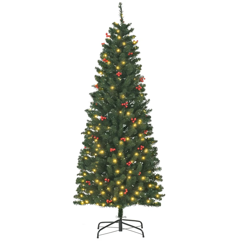 HOMCOM 6FT Prelit Artificial Pencil Christmas Tree with Red Berry Green