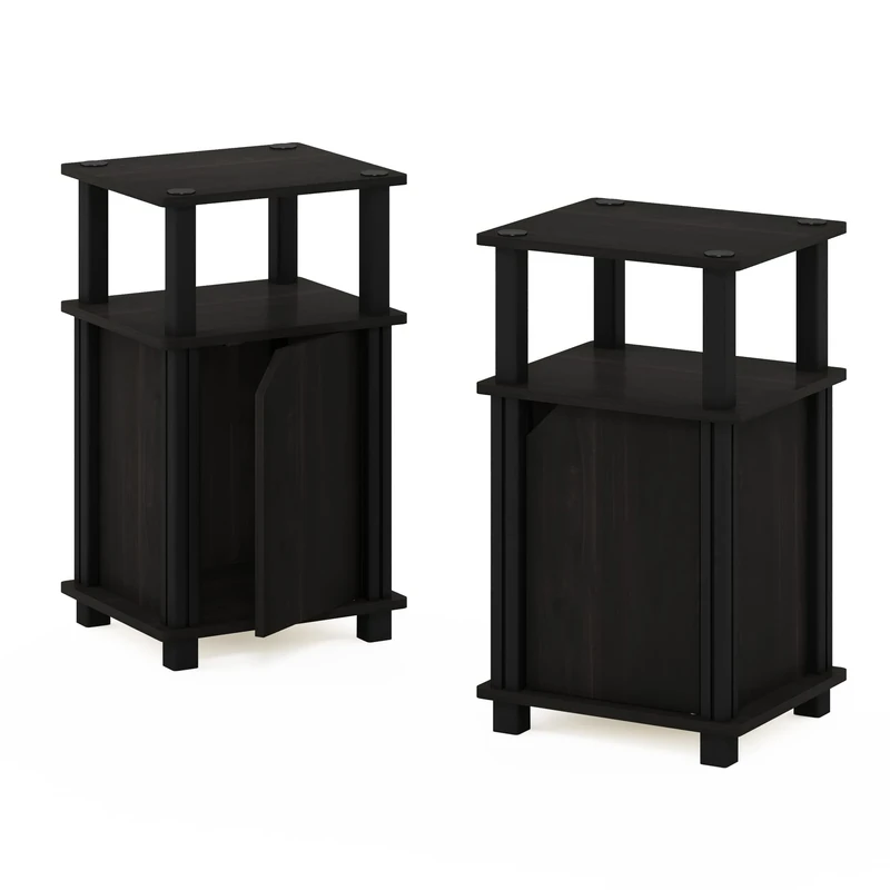 Furinno JUST Side Table Set of 2, 3-Tier End Table with Door Cabinet, Night Stand, Bedside Table with Open Shelf, for Living Room, Bedroom, Espresso