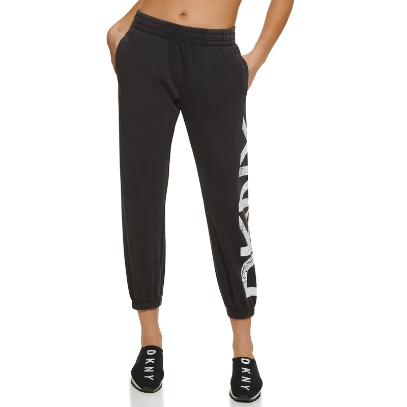 DKNY SPORT Women's Crackle Logo Jogger Sweatpants, Black, XL