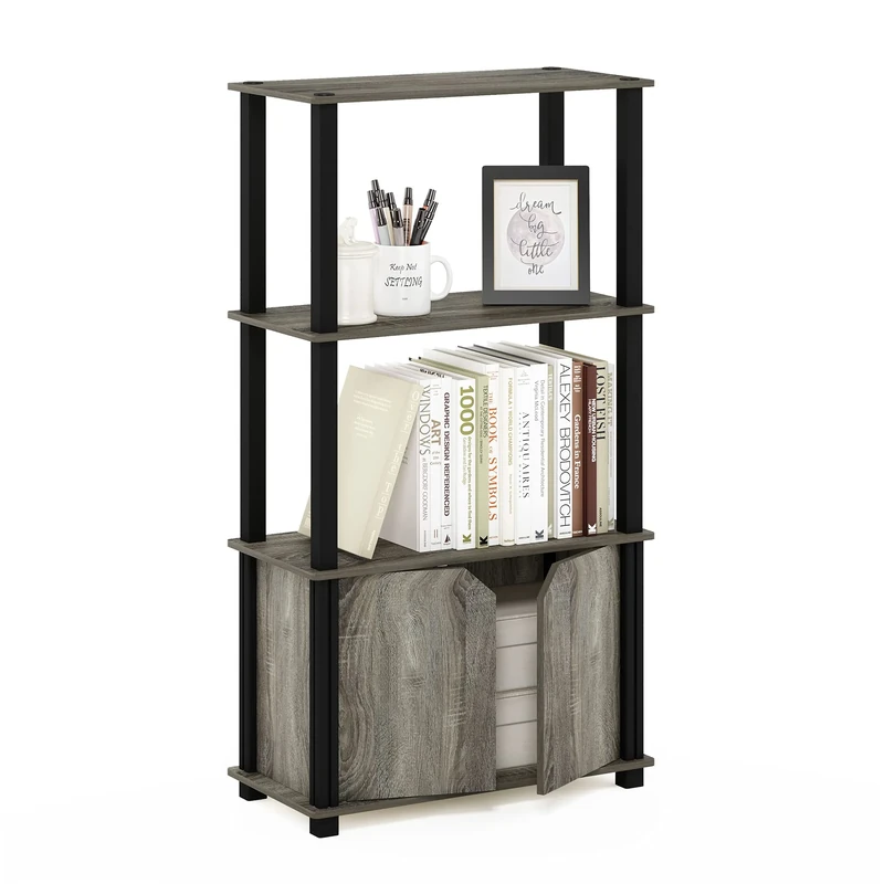 Furinno Brahms 4-Tier Multipurpose Display Shelf with Door, French Oak/Black