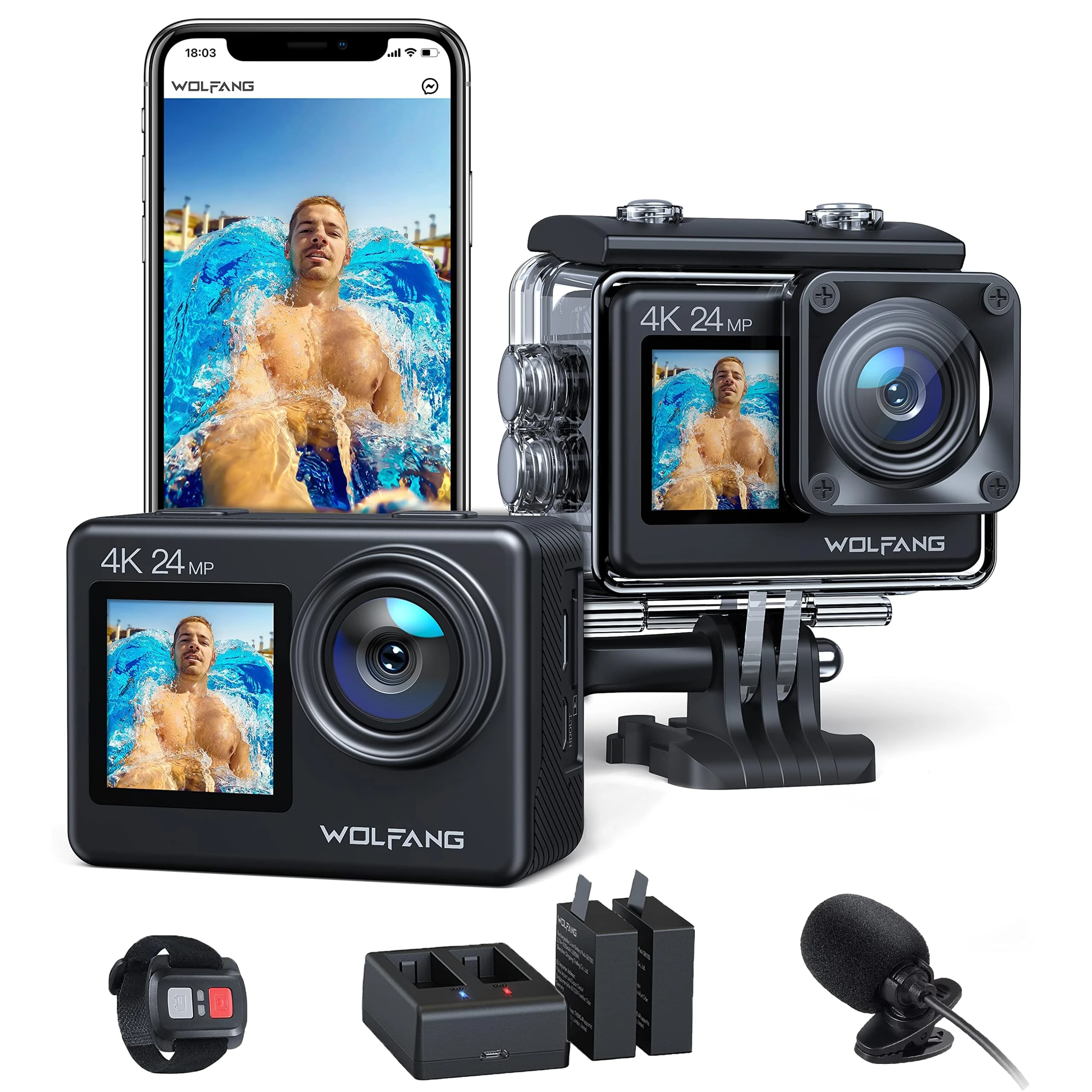WOLFANG Action Camera 4K 24MP WiFi GA200, 40M Waterproof Underwater Camera for Snorkeling, EIS 170° Wide Angle Dual Screen Vlogging Camera with External Microphone, Battery Charging Dock