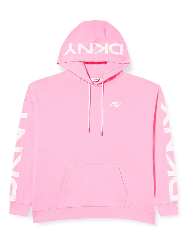 DKNY SPORT Women's Crackle Logo Pullover Hoodie Shirt, Laser Pink, ExtraLarge