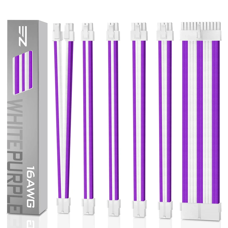 EZDIY-FAB PSU Cable Extension kit Sleeved Cable Custom Power Supply Sleeved Extension 16 AWG 24-PIN 8-PIN 6-PIN 4+4-PIN-White Connector-White and Purple Cable