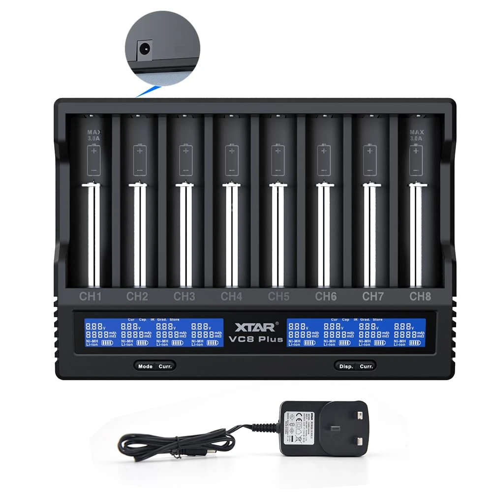 18650 Battery Charger 8 slot XTAR VC8 PLUS 3A Fast 21700 battery charger for 3.6V Liion and 1.2V AA C Batteries with UK plug in adapter