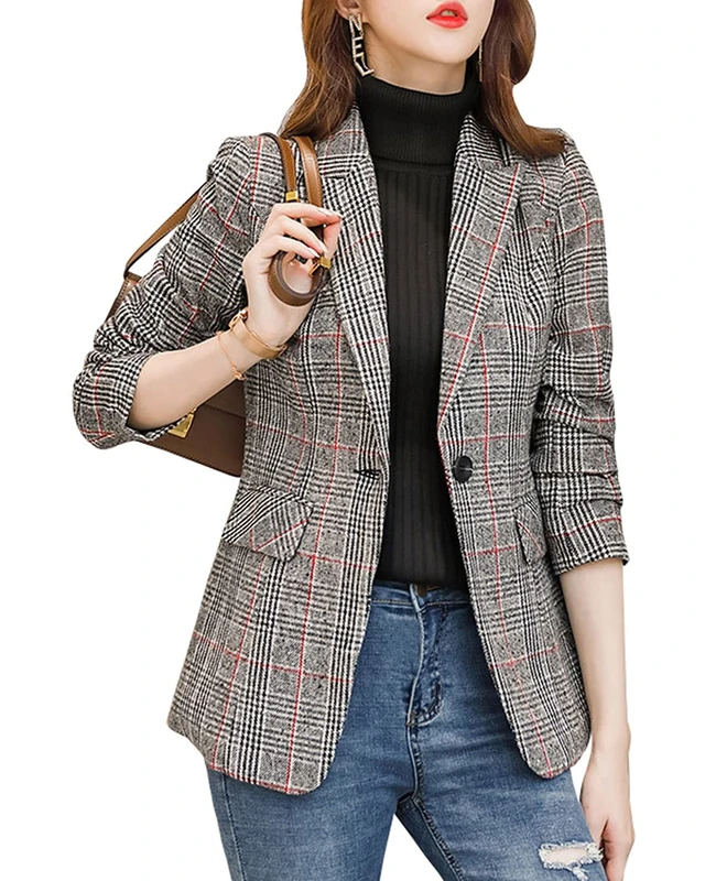 ebossy Women's Notch Lapel 2 Button Boyfriend Blazer Suit Houndstooth Plaid Jacket Coat, Z-Grey, XL
