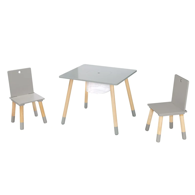 roba Wooden Children's Play Table and Chair Set with 2 Chairs and 1 Table, Incl. Storage Net (Grey)
