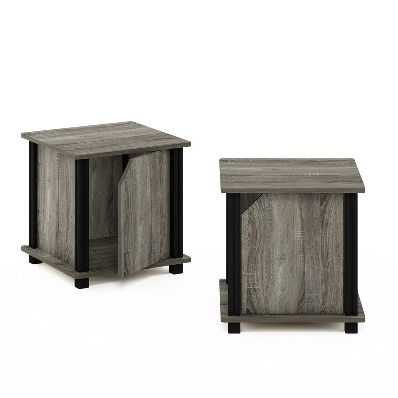 Furinno End, Side Table, Nightstand with Storage, Engineered Wood, French Oak/Black, 2-Pack