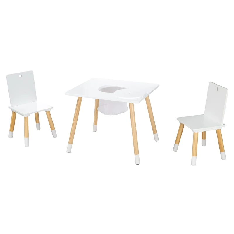 roba Set of Wooden Children's Play Table and 2 Play Chairs - Wooden Seating Set (White)