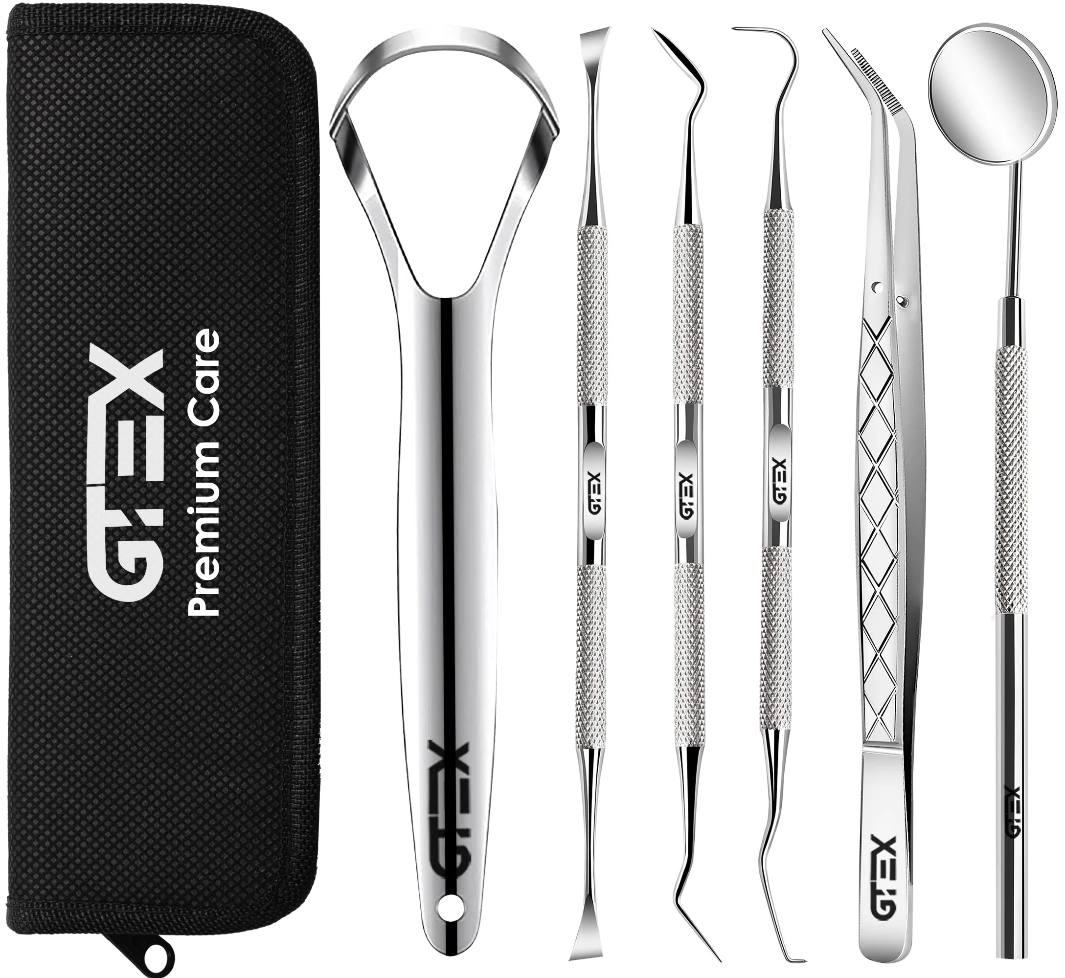 GTEX Plaque Remover for Teeth - 6Pcs Dental Care Kit for Teeth Cleaning - Plaque Removal Tartar Remover Stainless Steel Tongue Scraper Tool for Home Use