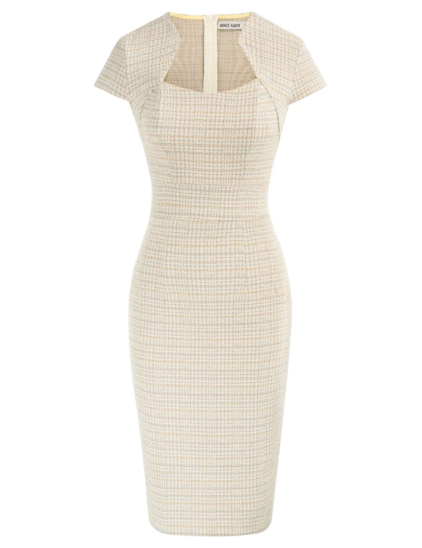 GRACE KARIN Women's 50s Vintage Pencil Dress Cap Sleeve Wiggle Dress CL7597, Tweed-Yellow, X-Large