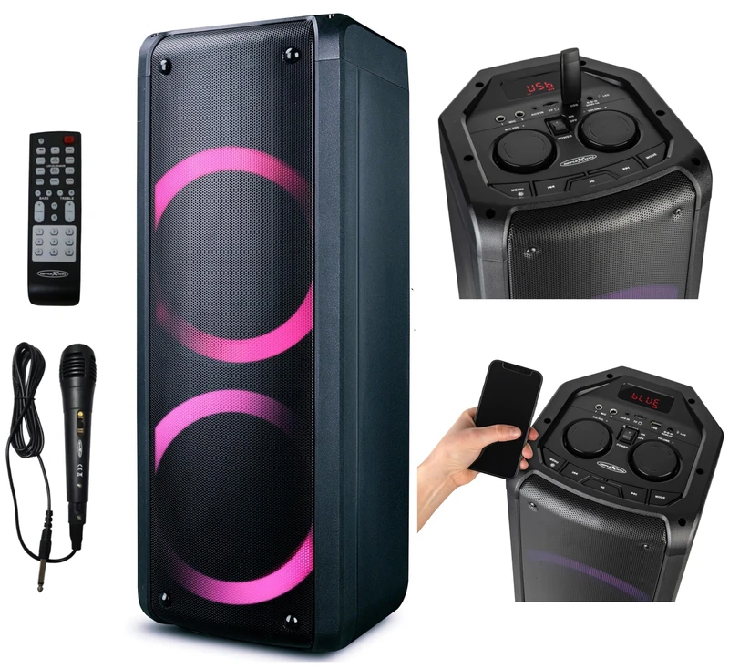 Reflexion PS09BT Mobile Buetooth Party Speaker, DJ, Karaoke, 500 Watt, FM PLL, Radio, Disco LED Effect with Colour Changing, Includes Microphone, Built-in Battery, Black