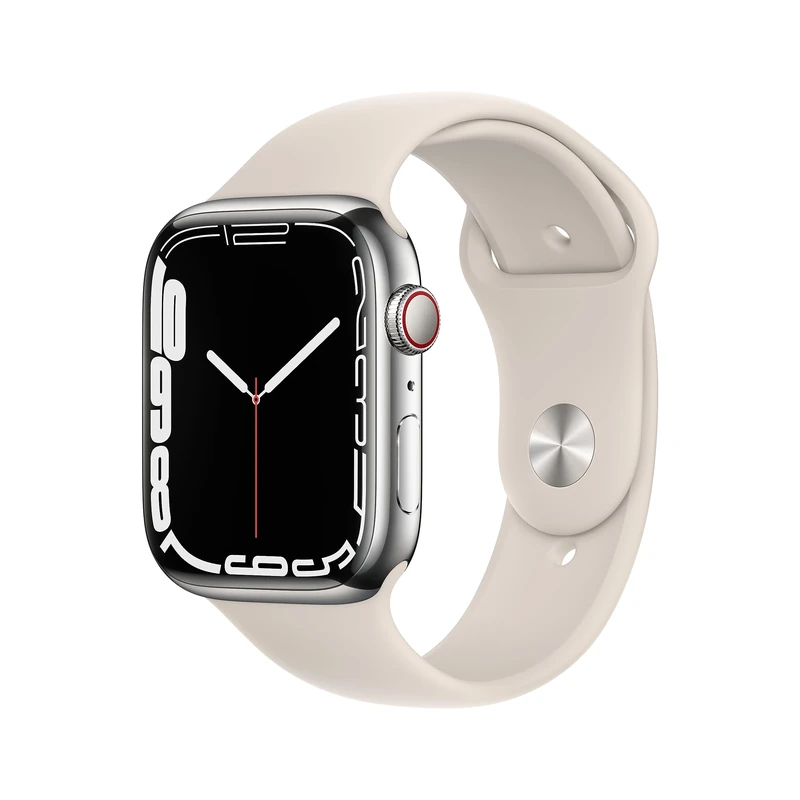 Apple Watch Series 7 (GPS + Cellular, 45 mm), Stainless Steel Case Silver, Sports Bracelet Starlight, Regular