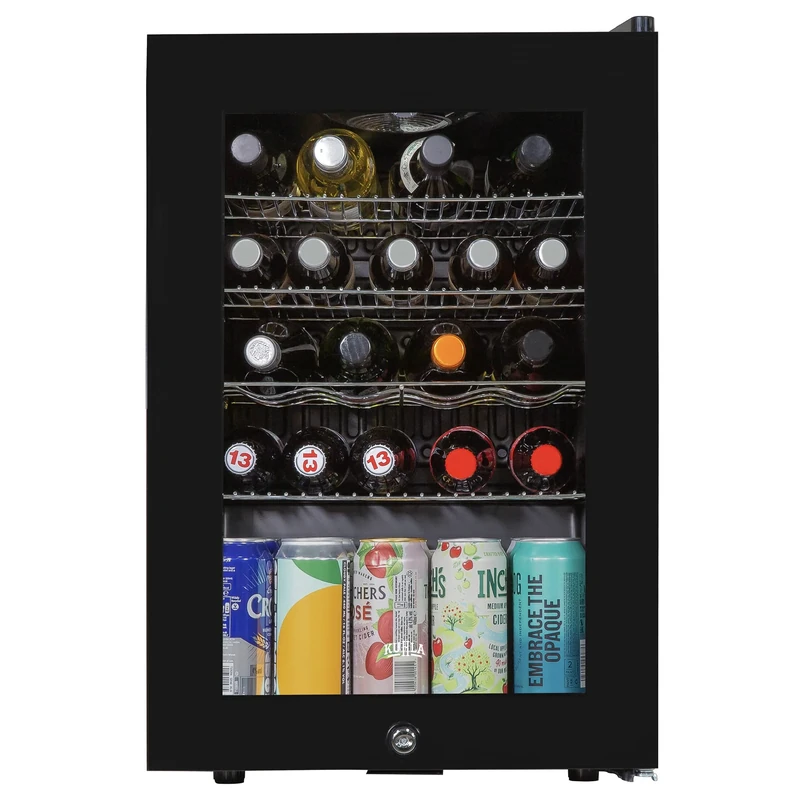 Kuhla 62 Litre/48 Can Drinks & Beer Fridge Table Top & Wine with Glass Door Black with LED Light, Lock and Key KBC2B