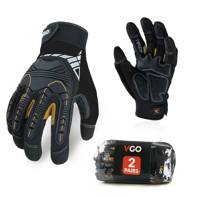 Vgo... 2pairs Safety Work Gloves Touchscreen, Anti Impact Heavy Duty Gloves Antivibration for Warehouse Trucker Carpenters Fitter Moto