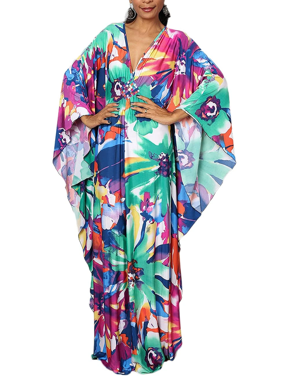 Bsubseach Plus Size Caftan Dresses for Women Swimsuit Cover Up Batwing Sleeve Summer Maxi Kaftan Dress Multicolor Floral Print