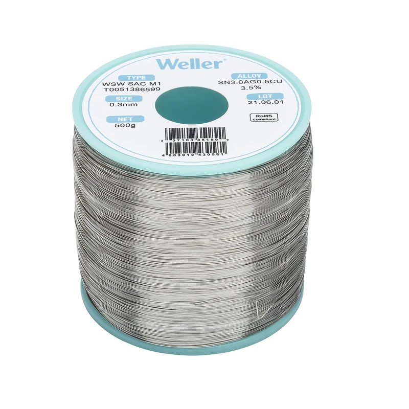 Weller WSW SAC M1 (T0051402499) Lead Free Solder Wire, Ø 1.0mm, Alloy Sn96.5Ag3.0Cu0.5, Flux Content 3.5%, 100g, Silver