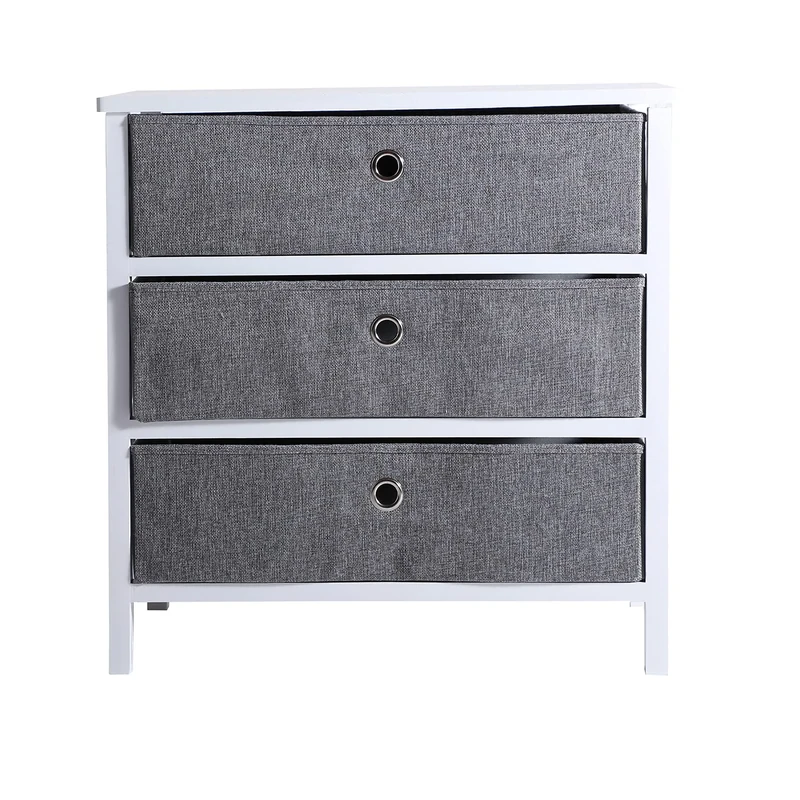 Lastdeco - White Folding Nordic Style Wooden Storage Chest with 3 Grey Linen Drawers