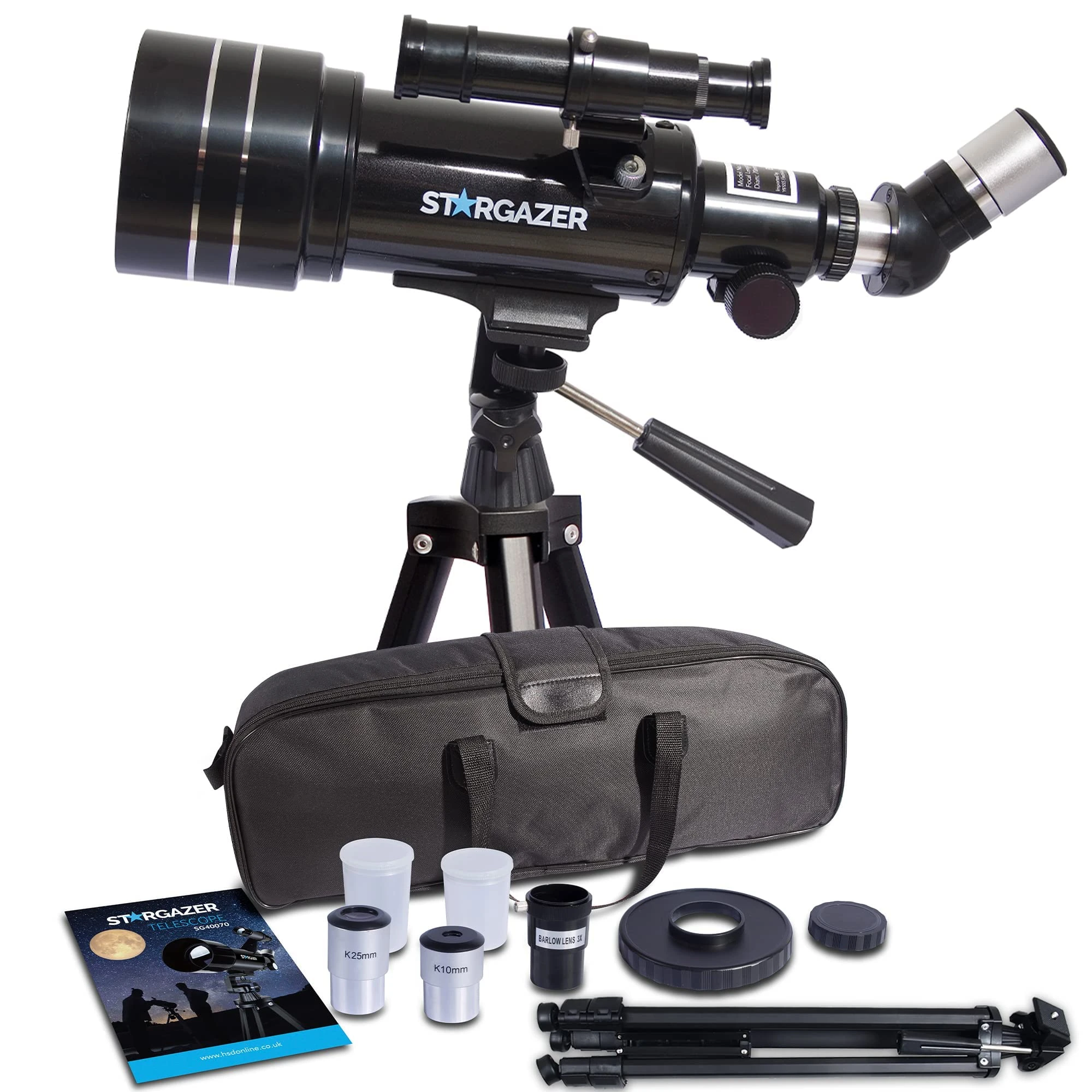 Stargazer Telescope for Adults And Beginners, 70mm Aperture 400mm Refractor Astronomy Telescope with Eyepieces, 3 x Barlow Lens, Adjustable Tripod, Carry Bag. Portable for Moon And Planets