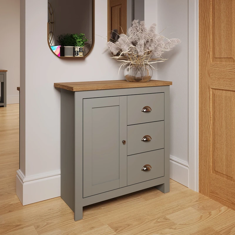 Timber Art Design UK Lisbon 1 Door 3 Drawer Storage Cabinet Sideboard Grey for Modern Home, Living Room, Bedroom, Hallway in Oak Top and Grey Finish