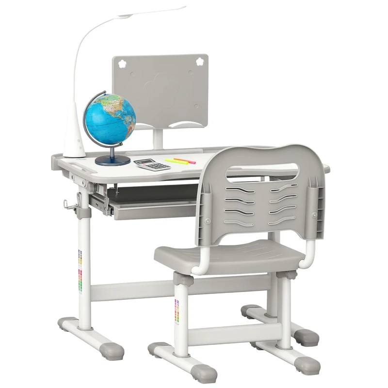 HOMCOM Children's Desk with Chair – Adjustable Desk and Chair Set – Lamp, Reading Stand, Multi-Storage Sliding Shelf – Grey White, Working, 70 x 50 x 105 cm, Modern