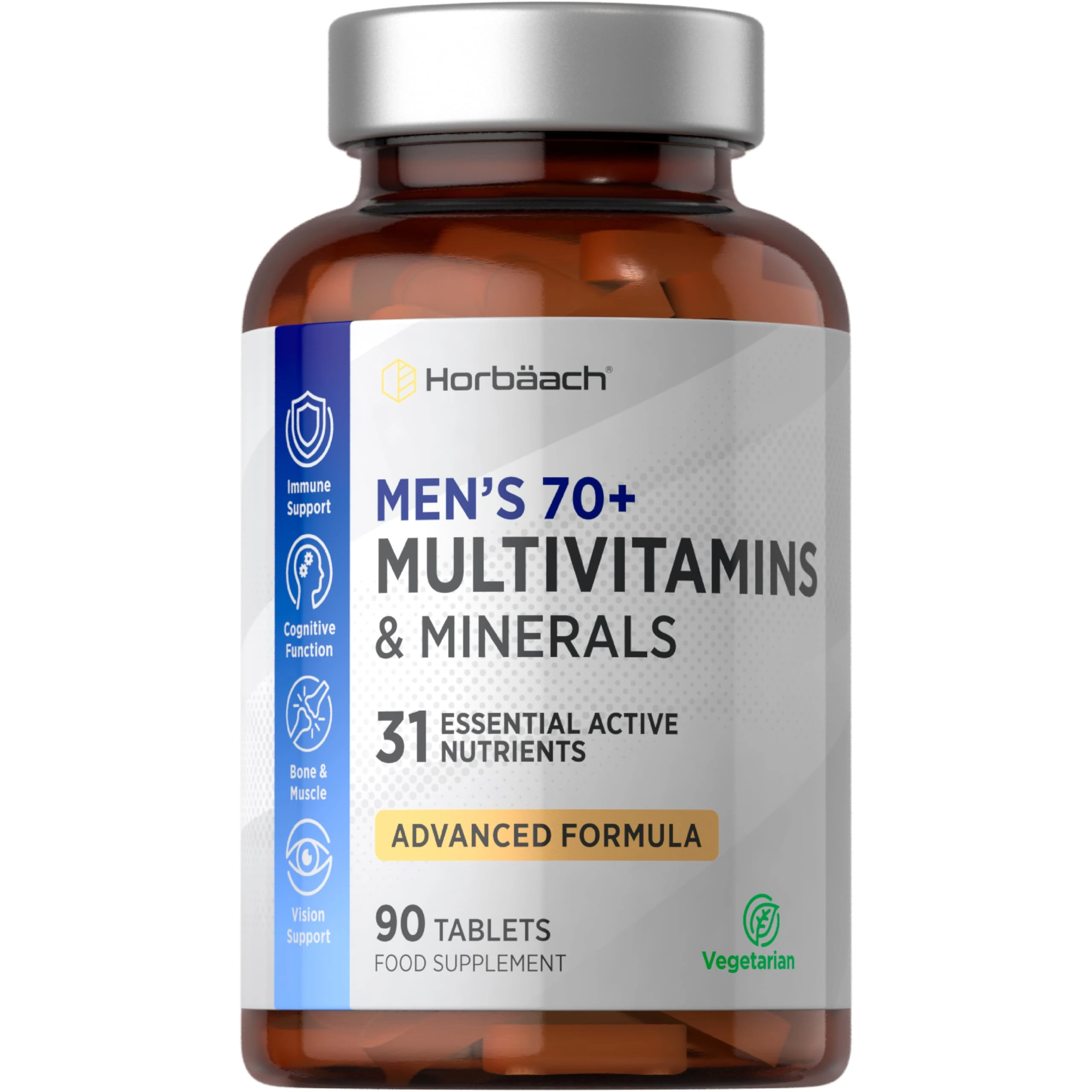 Multivitamin Tablets for Men 70 Plus | 90 Count | with 32 Essential Vitamin and Minerals for 70+ | Suitable for Vegetarians | by Horbaach