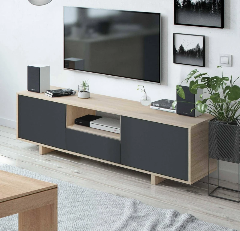 Dmora - TV stand Visalia, Living room television sideboard, 3 door TV stand, Low sideboard for living room, 150x41h46 cm, Oak