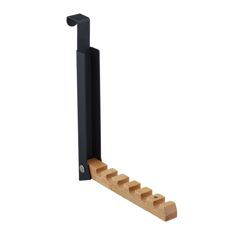 Relaxdays Folding Hook, for Hanging on Doors, up to 6 Coat Hangers, Metal & Wood, for 2 cm Door Thickness, Black/Natural