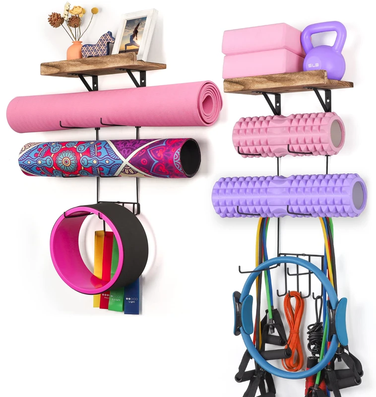 2 PACK Yoga Mat Holder Wall Mount Yoga Mat Storage Shelf Rack Home Gym Accessories with Wood Floating Shelves and 4 Hooks for Hanging Foam Roller and Resistance Bands Home Gym Carbonized Black
