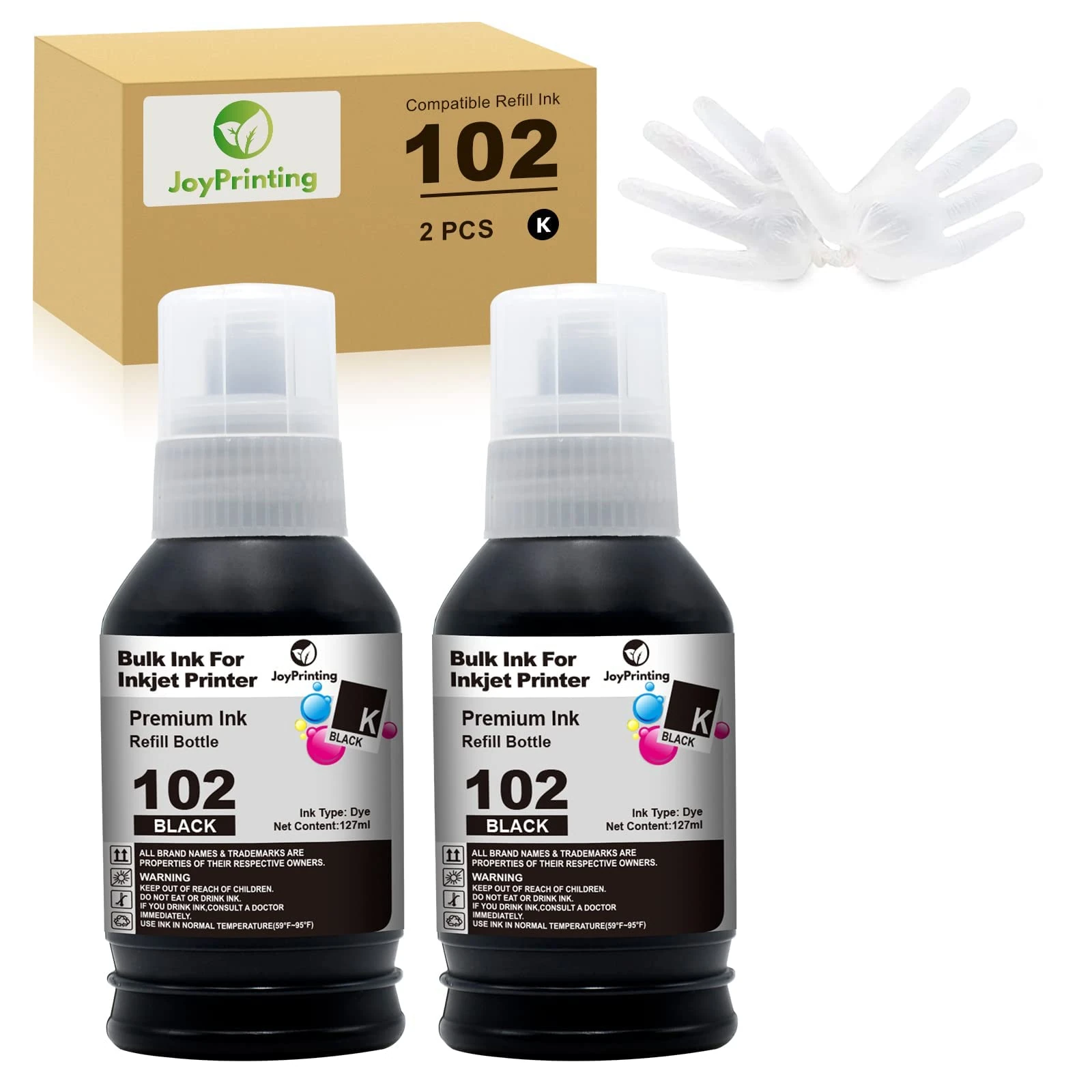 JoyPrinting 102 Ink Replacement for Epson 102 Ink Bottle Refills Compatible with Epson EcoTank ET-2750 ET-2700 ET-2756 ET-2850 ET-2856 ET-2851 ET-3700 ET-3750 ET-4750 ET-4850 ET-4856 (2 Black)