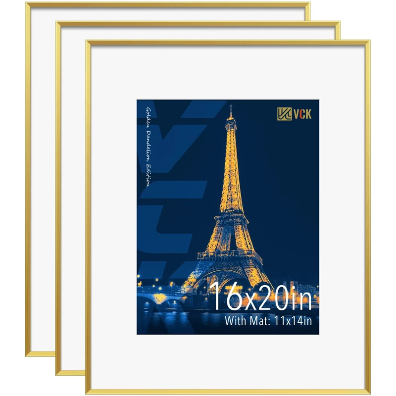 VCK 16x20 Inch Set of 3 Large Gold Picture Frames with High Definition Glass Display Photos 11x14 with Mat or 16x20 without Mat-for Gallery Wall or Home Decoration
