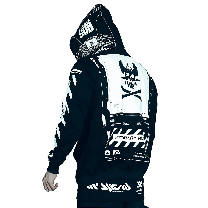 Niepce Inc Graphic Cyberpunk Zip Up Hoodie for Men, Black, Large