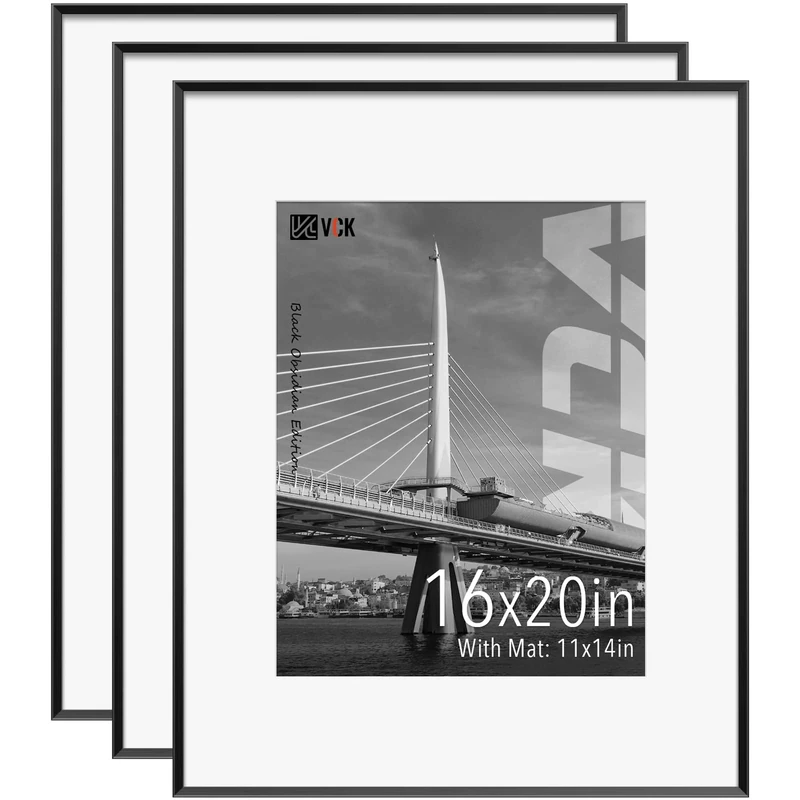 VCK 16x20 Inch Set of 3 Large Black Picture Frames with High Definition Glass Display Photos 11x14 with Mat or 16x20 without Mat-for Gallery Wall or Home Decoration