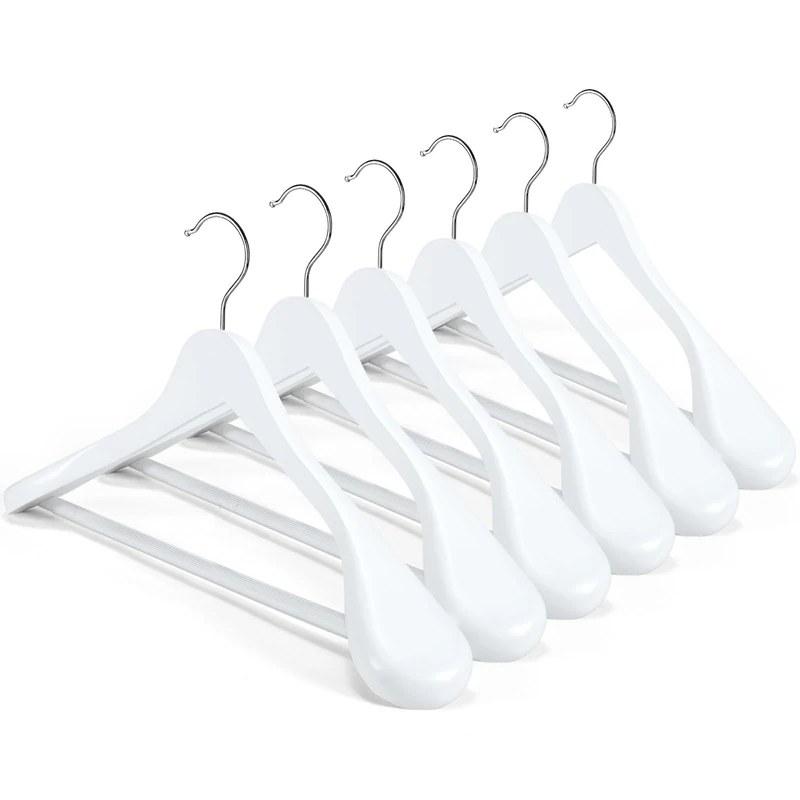 HOUSE DAY High-Grade Solid Wood Coat Hangers for Women, Wide Shoulder Wooden Hangers, Suit Hangers with Non Slip Pants Bar, Smooth Finish 360° Swivel Hook for Dress, Heavy Clothes Hangers 6 Pack White