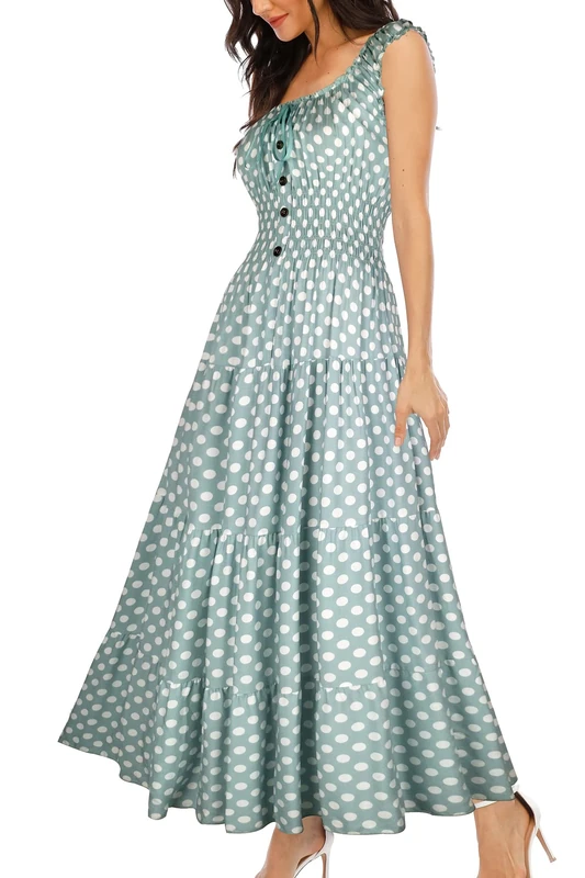 OSTOO Women's 2024 Summer Boho Floral Print Tiered Casual Flowy Long Maxi Dress, Green Polka Dot, M