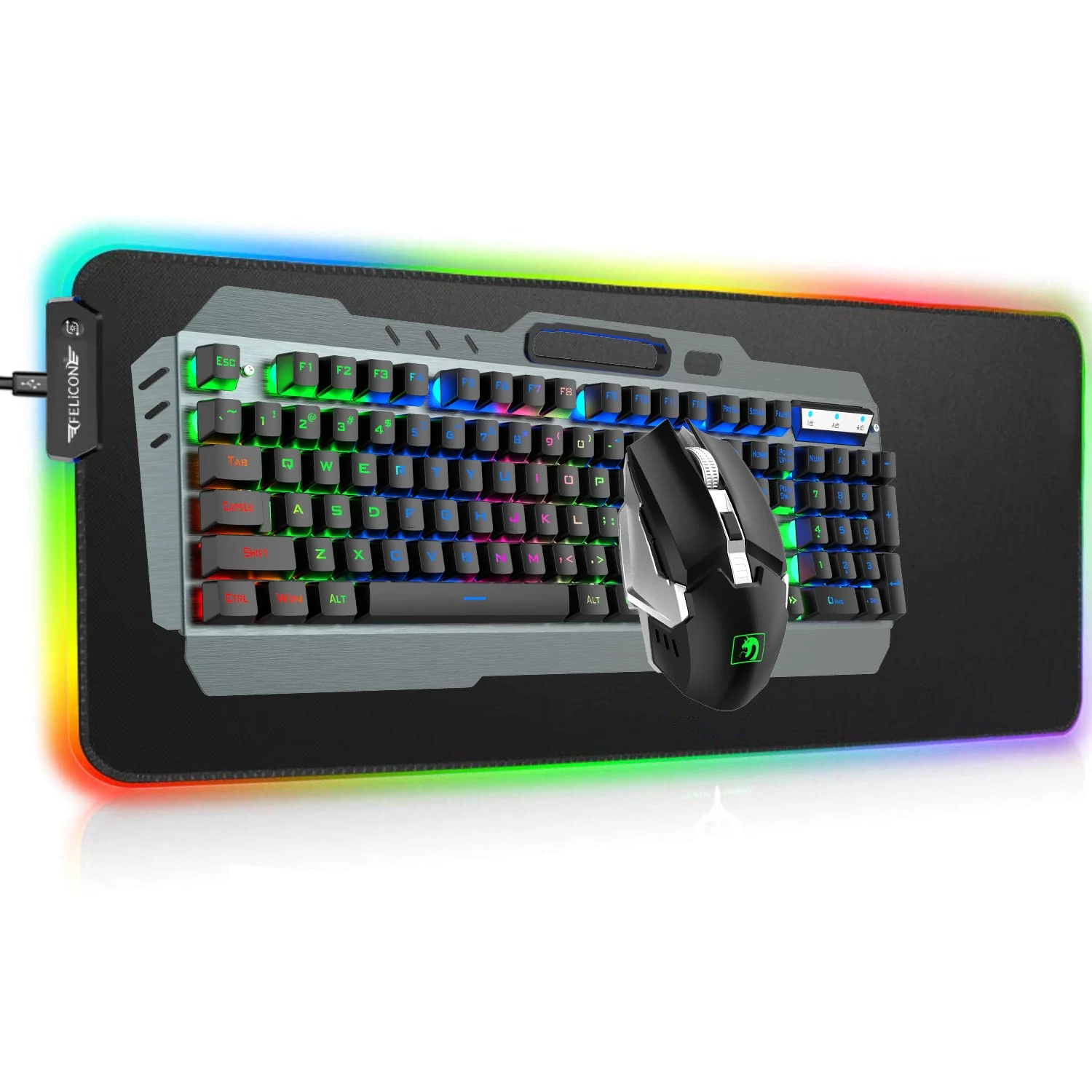 MAMBASNAKE 3 in 1 Wireless 2.4G Rechargeable Gaming Keyboard Mouse Set 3800mAh Rainbow LED Backlit Gaming Keyboard +2400DPI 7 Colors Breathing Light Silent Mouse+Oversized RGB Mouse Pad（Black）