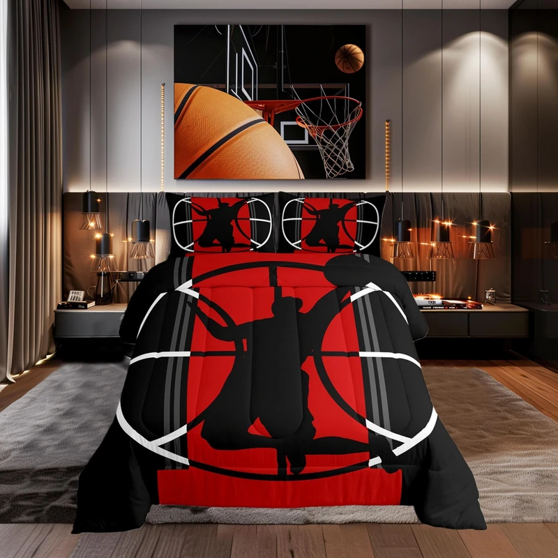 Basketball Comforter Set Queen for Boys Kids Sports Games Room Decor Red and Black Comforter Aldults Bedroom Basketball Court Bedding Set 1 Comforter with 2 Pillow Cases,Lightweight Warm Soft