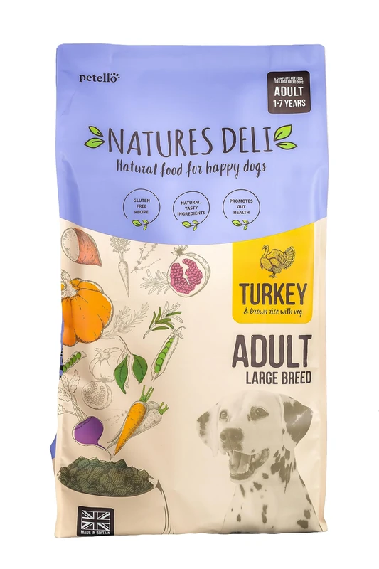 Natures Deli Dry Dog Food for Large Breed Adult Dogs, Natural Complete Hypoallergenic Food for Dogs, Turkey and Rice - 12 kg