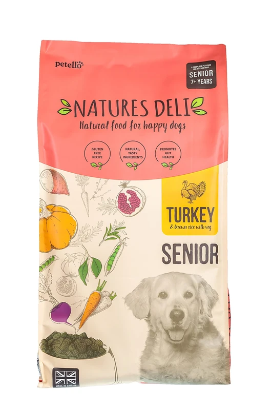 Natures Deli Senior Dry Dog Food, Natural Complete Hypoallergenic Food for Dogs, Suitable for All Breeds Aged 7 Plus, Turkey and Rice - 12 kg