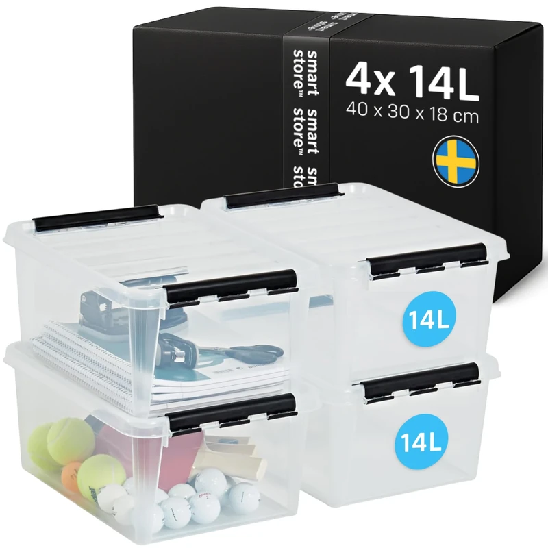 SmartStore - 4x Plastic Storage Box with Lid Classic 14L (40x30x18cm) |Plastic Storage Drawers with Lid|Food-Safe Material|Kitchen & Organisation I Durable Container for Home & Office|10-Year Warranty