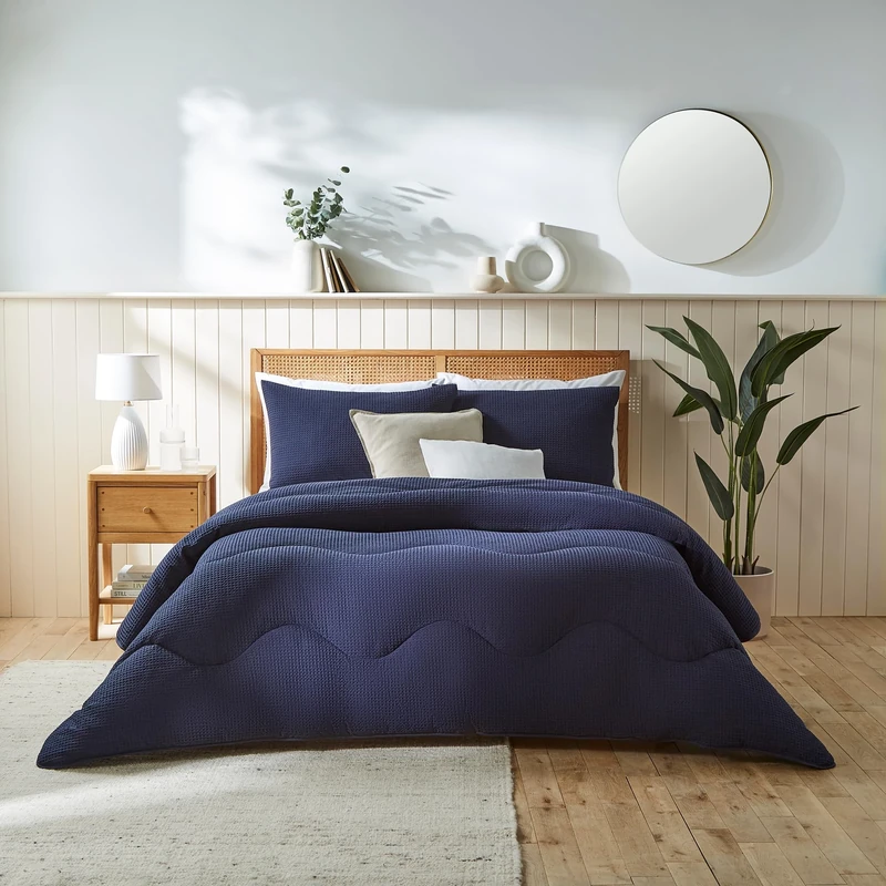 night owl - Coverless Duvet - 4.5 Tog - King - Pure Cotton Collection - Natural Cotton Waffle - Luxury Bedding - Machine Washable - Navy Blue
