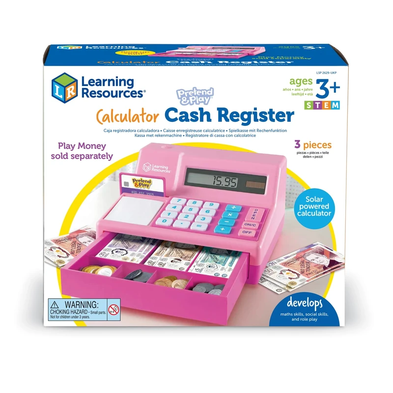 Learning Resources Pretend & Play Pink Calculator Cash Register, Ages 3+, Kids Cash Register Toy, Develops Maths & Money Skills