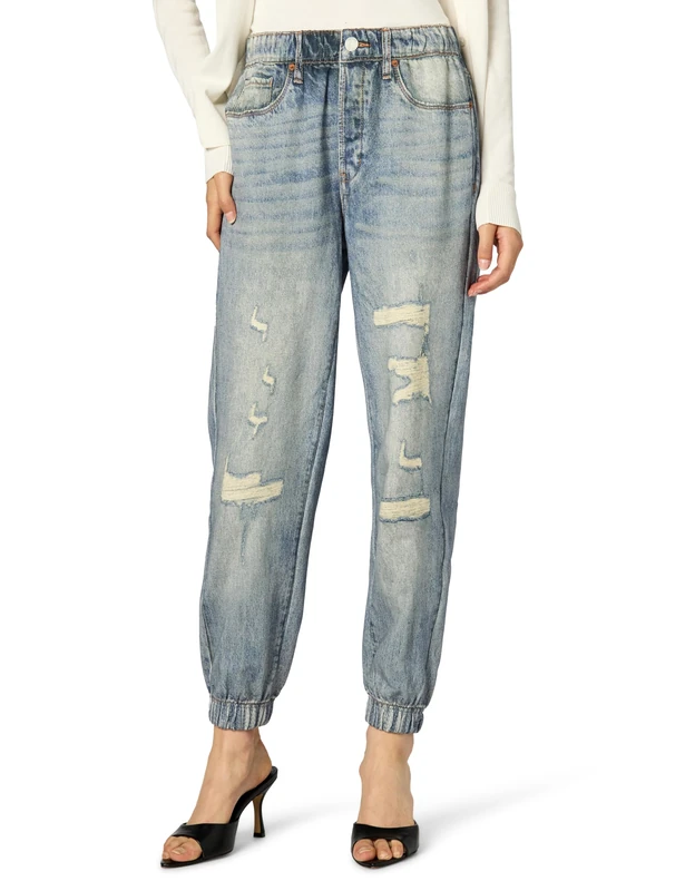 [BLANKNYC] Womens French Terry Distressed Printed Denim Jogger, Comfortable & Stylish Pants, Blue, XS