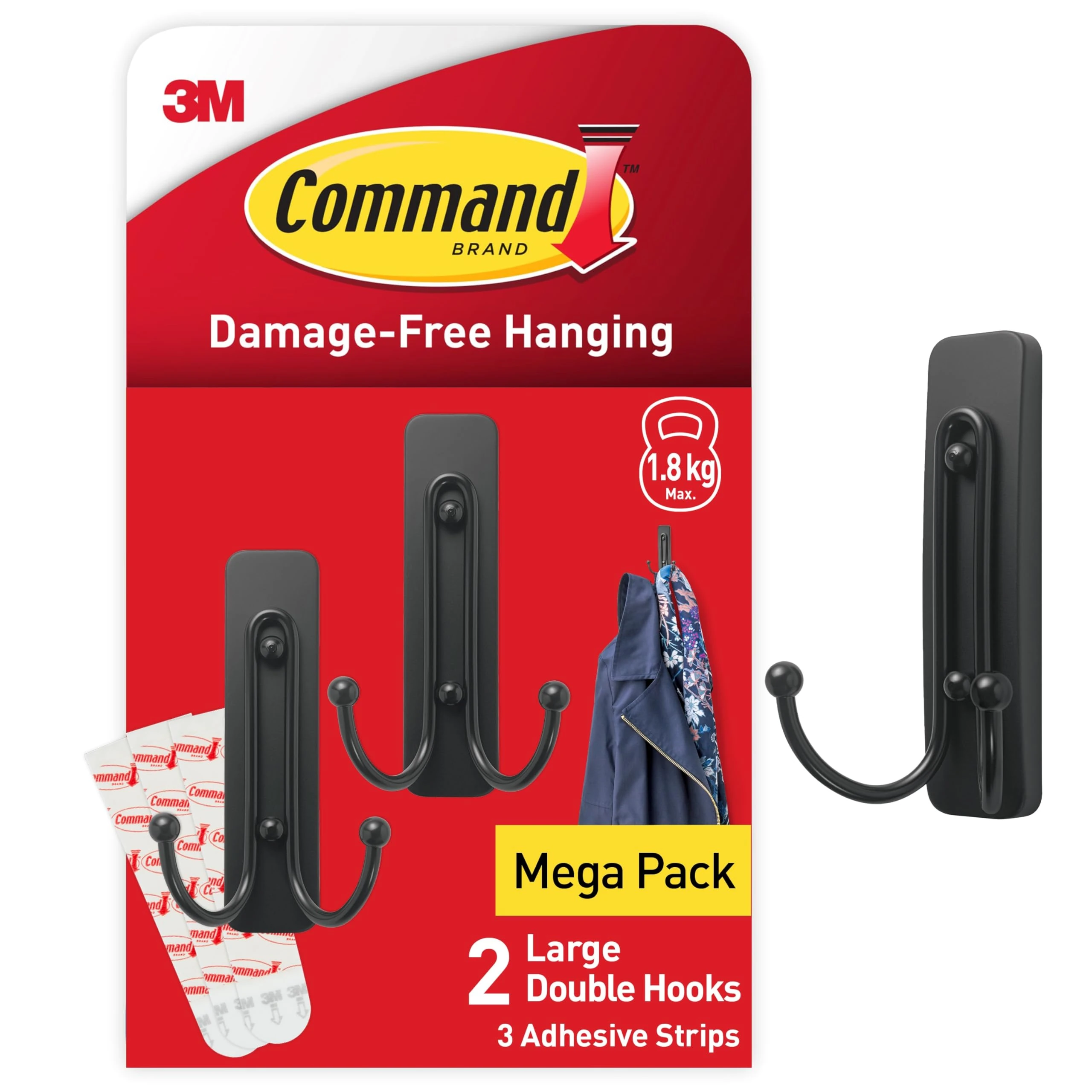 Command Decorative Hook, Matte Black Double Hook, Indoor use - 2 Metal Medium Hooks and 3 Adhesive Strips - Hang Jackets, Purses, Handbags, Backpacks, Hats, Scarves, Dog leads - Organise Damage Free