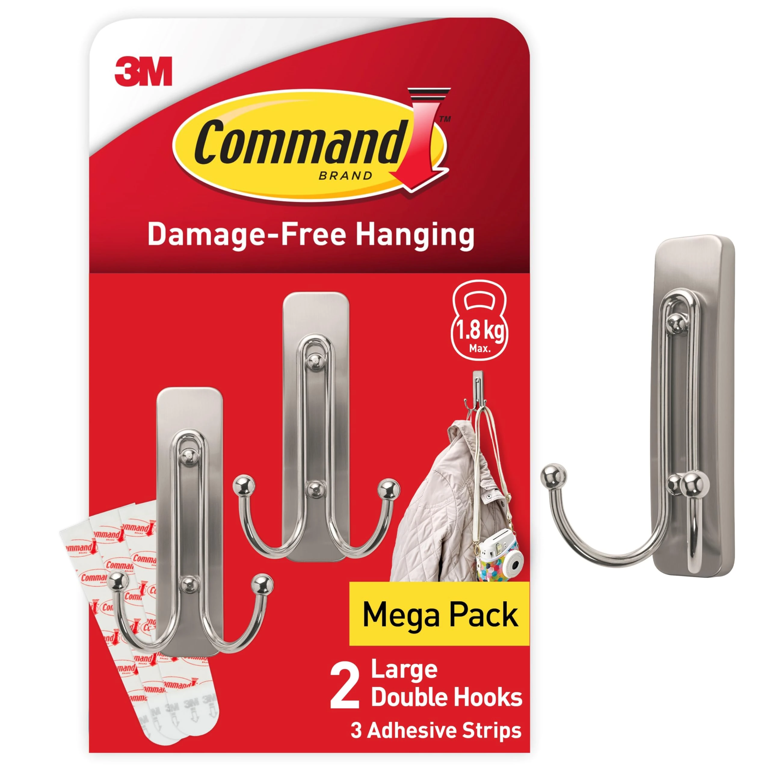 Command Decorative Hook, Brushed Nickel, Indoor use - 2 Large Metal Hooks and 3 Adhesive Strips - Hang Jackets, Purses, Handbags, Backpacks, Hats, Scarves, Dog leads - Organise Damage Free