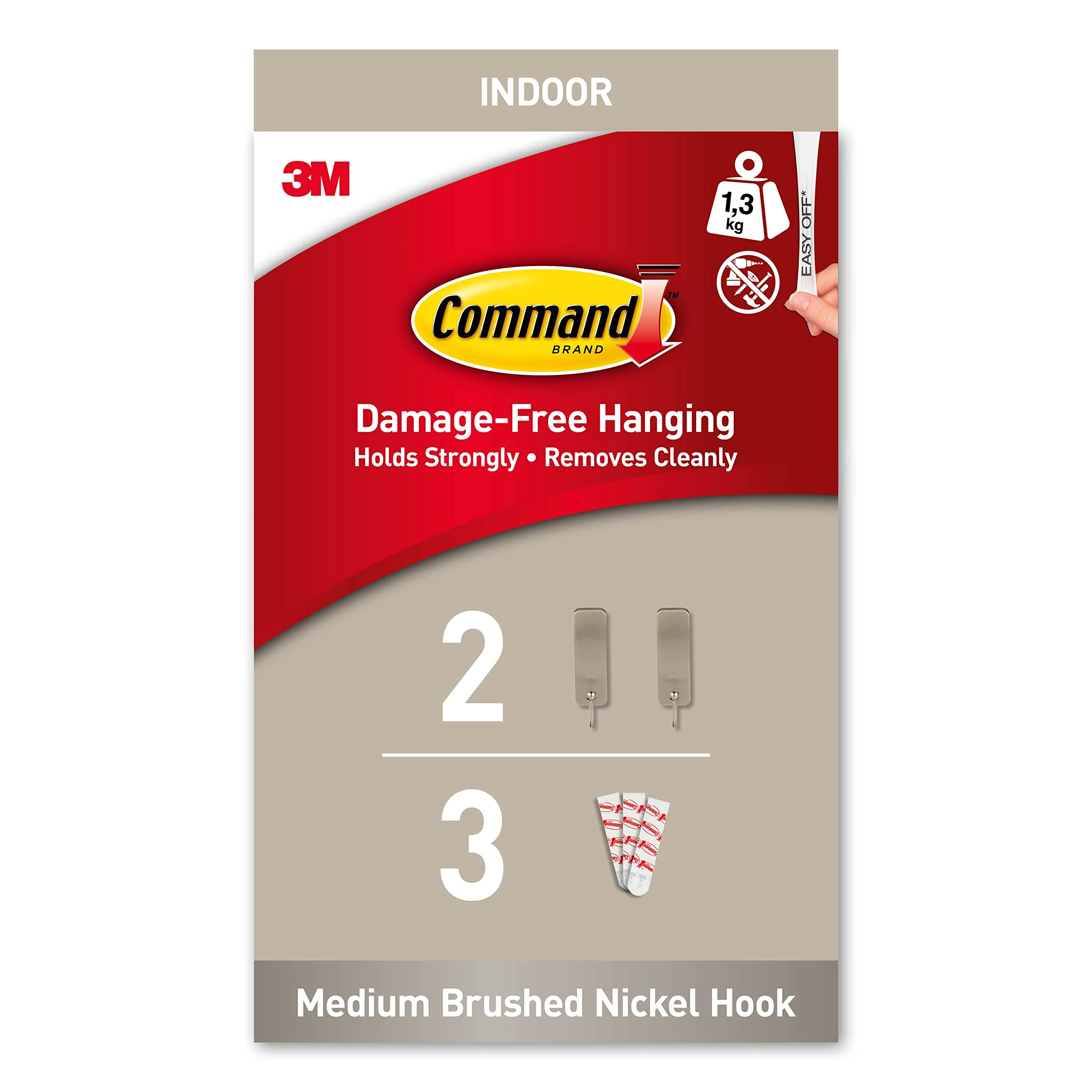 Command Decorative Hook, Brushed Nickel, Indoor use - 2 Metal Medium Hooks and 3 Adhesive Strips - Hang Jackets, Purses, Handbags, Backpacks, Hats, Scarves, Dog leads - Organise Damage Free