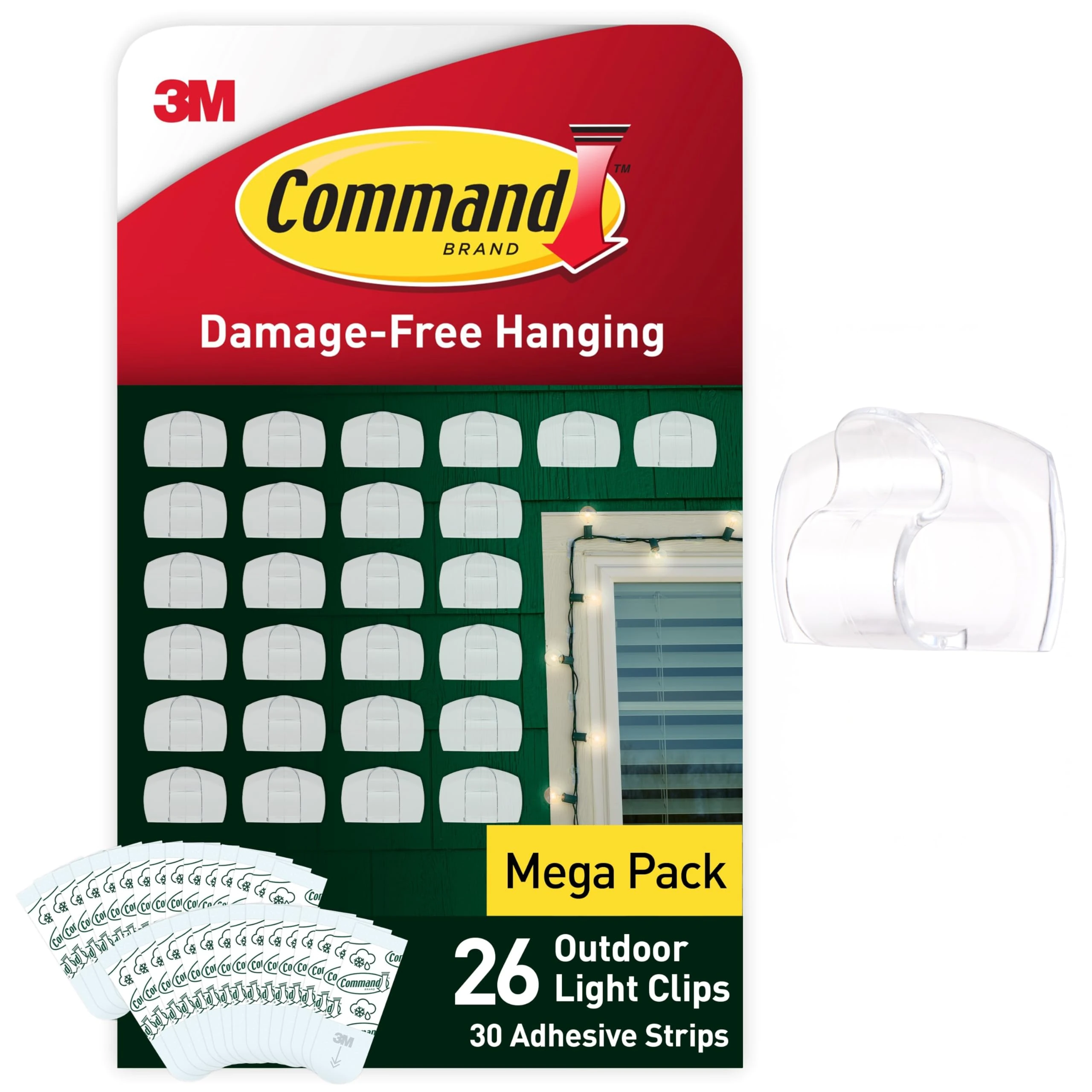 Command Outdoor Decorating Clips - Value Pack of 26 Mini Hooks and 30 Small Adhesive Strips - Transparent - Clips for Hanging Decorations and Fairy Lights Outdoors - Damage Free Hanging