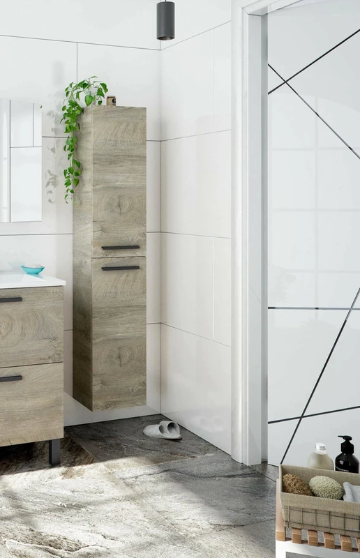 Dmora - Bathroom column Alexandria, Column cabinet for bathroom with 2 doors, Suspended wall cabinet with 2 shelves, 30x25h150 cm, Oak