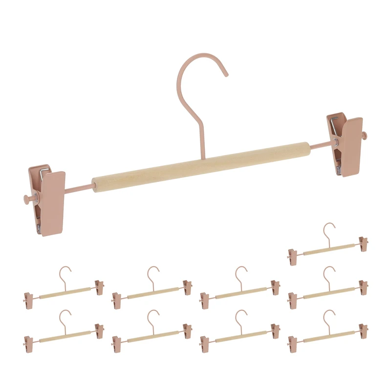 Relaxdays Trouser-Hanger, 10x Set, Wood & Metal Clips, Pink/Natural, Extra Wardrobe Storage