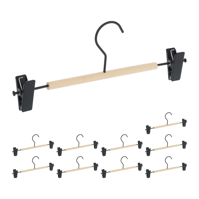 Relaxdays Trouser Hanger, 10x Set, Wood & Metal Clips, Extra Storage, HxWxD: 11.5 x 30.5 x 3 cm, Black/Natural